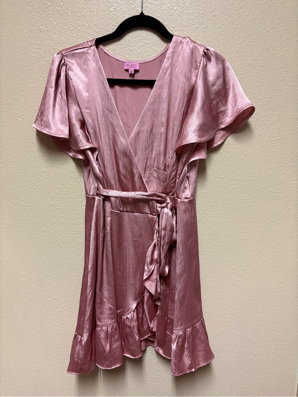 miami Satin Blush Pink Wrap Mini Dress with Ruffle Hem
